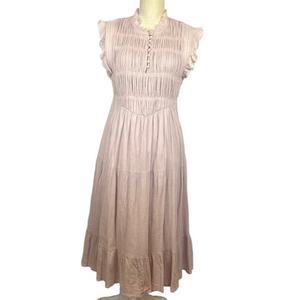 Ba&sh Noah Midi Dress Mauve Lavender Tiered Crinkled 100% Cotton Lined Designer